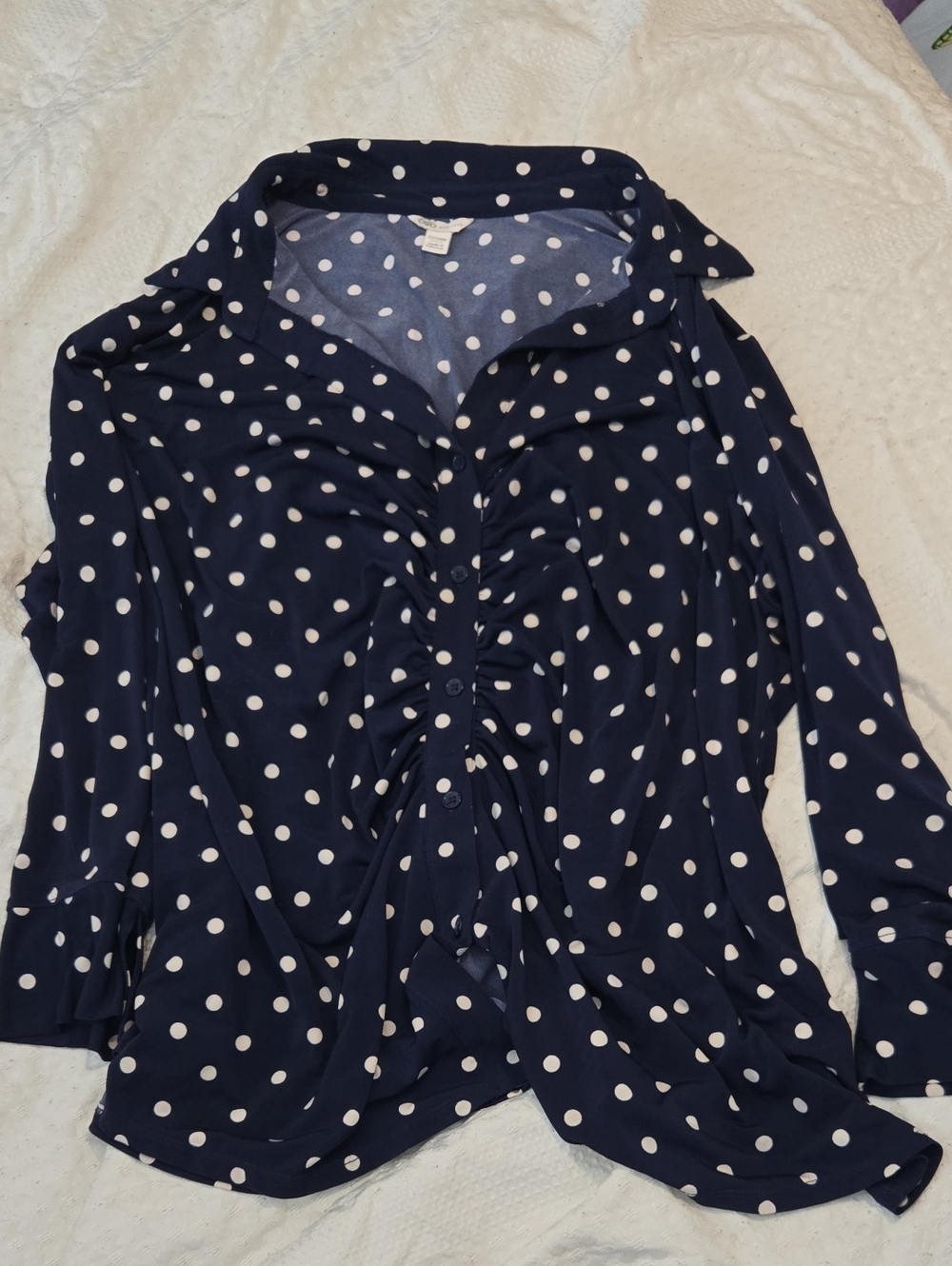 Cato Navy Blue and White Polka Dot Button-Front Shirt